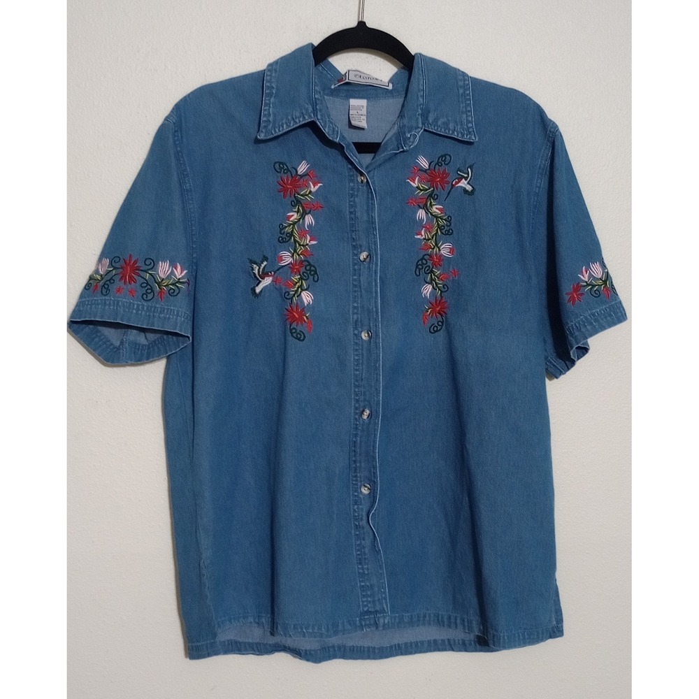 Passion-I Womens Denim Shirt Large Blue Short Sleeve Embroidered Floral Bird Top
